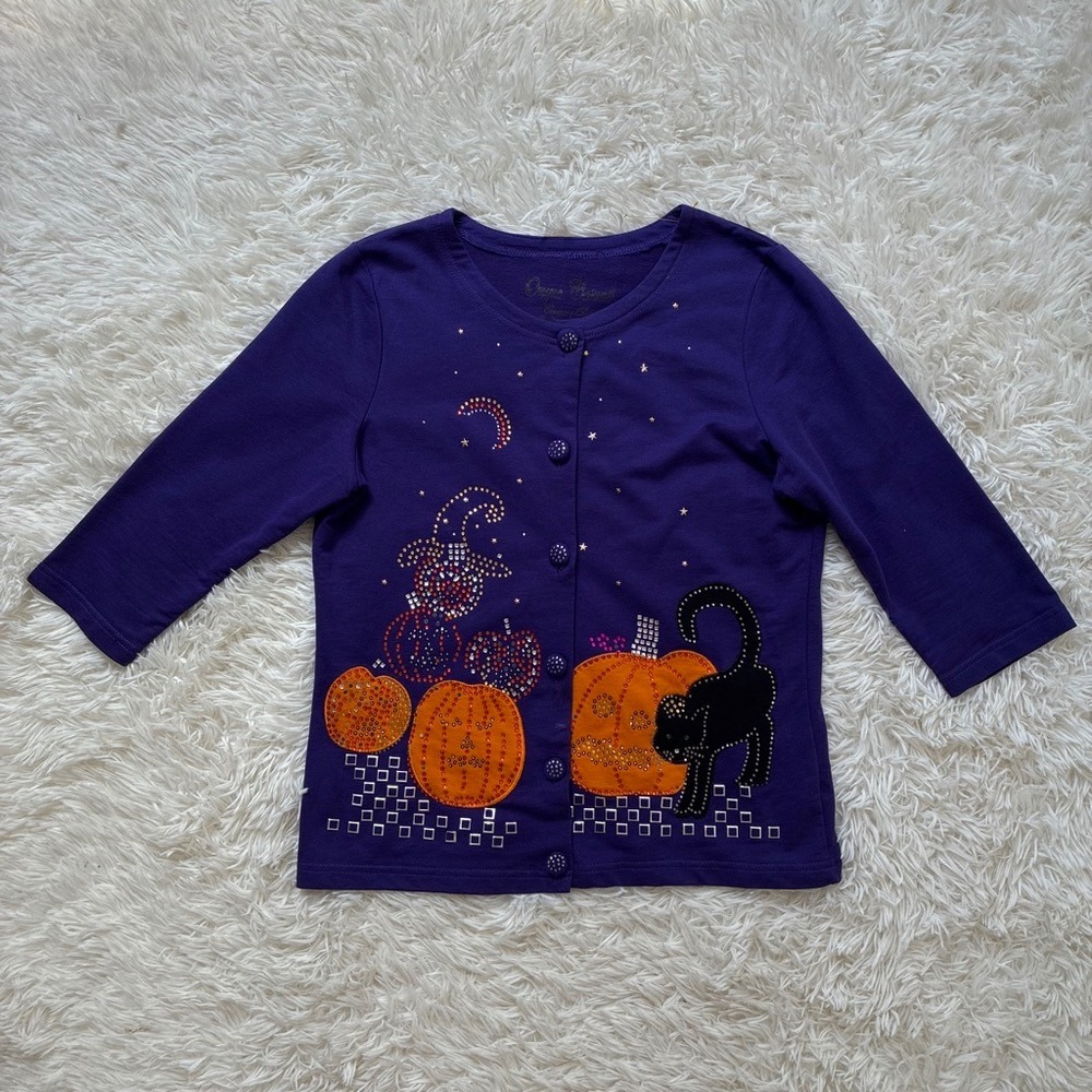 Vintage Rhinestone Purple Halloween Pumpkin Black Cat Cardigan Sweater Size M